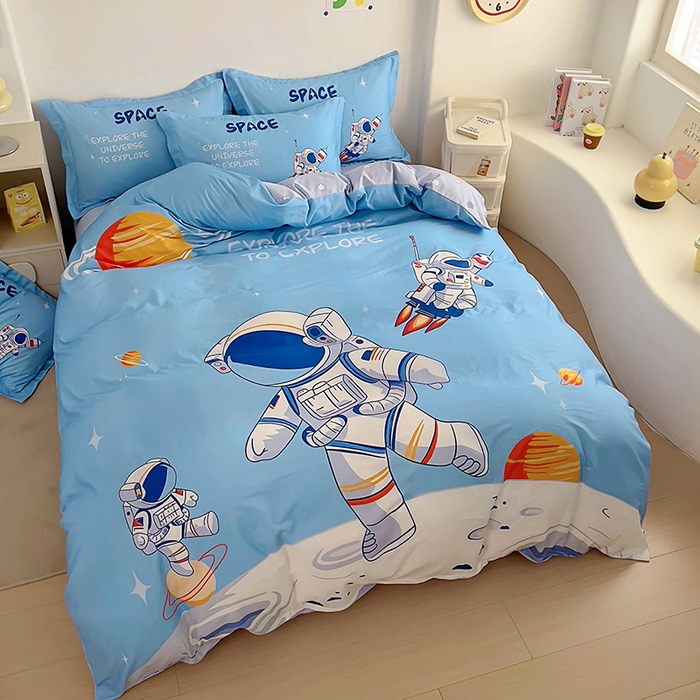 91家纺网 家纺一手货源 找家纺 浩诚 2025新款全棉大版卡通太空人宇航员小恐龙小汽车系列纯棉四件套-提供买家秀 太空遨游