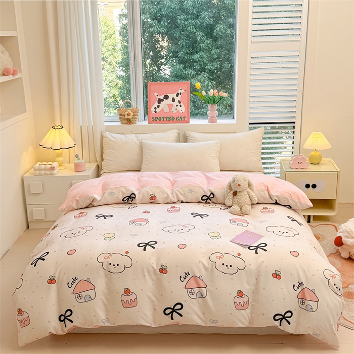 91家纺网 家纺一手货源 找家纺 雯豆2025春夏新款全棉纯棉被套三件套学生成人被罩 全棉被套-奶油蝴蝶结