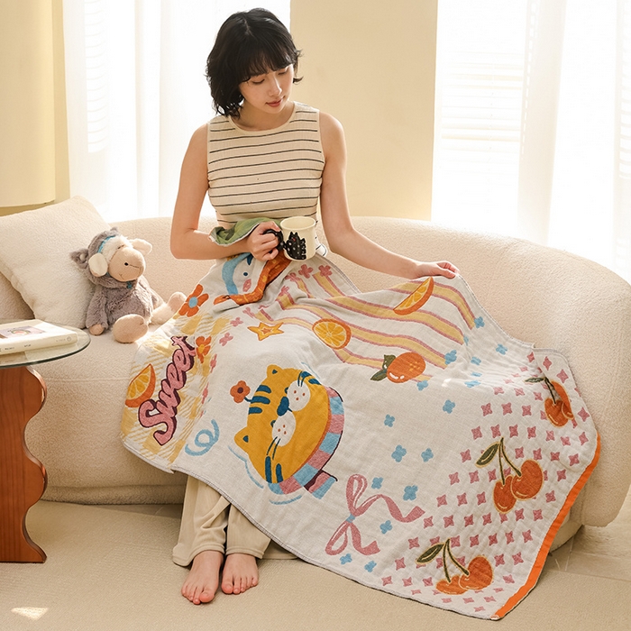 91家纺网 家纺一手货源 找家纺 雯雨家纺 2025新款亲肤可爱全棉A类纱布浴巾 笑脸猫