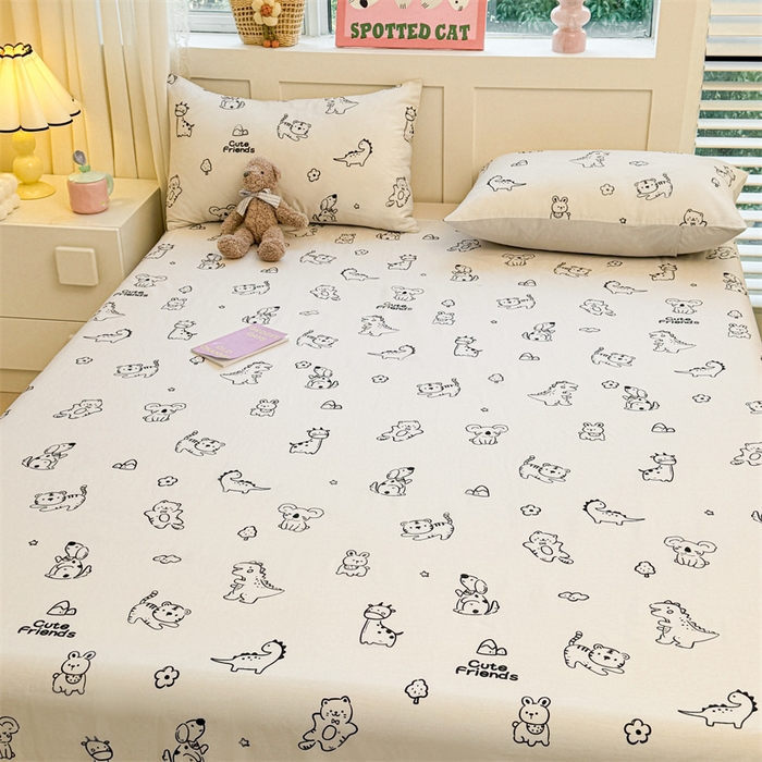 91家纺网 家纺一手货源 找家纺 雯豆2025春夏新款全棉床单三件套纯棉床罩小清新印花床单 全棉床单-动物城