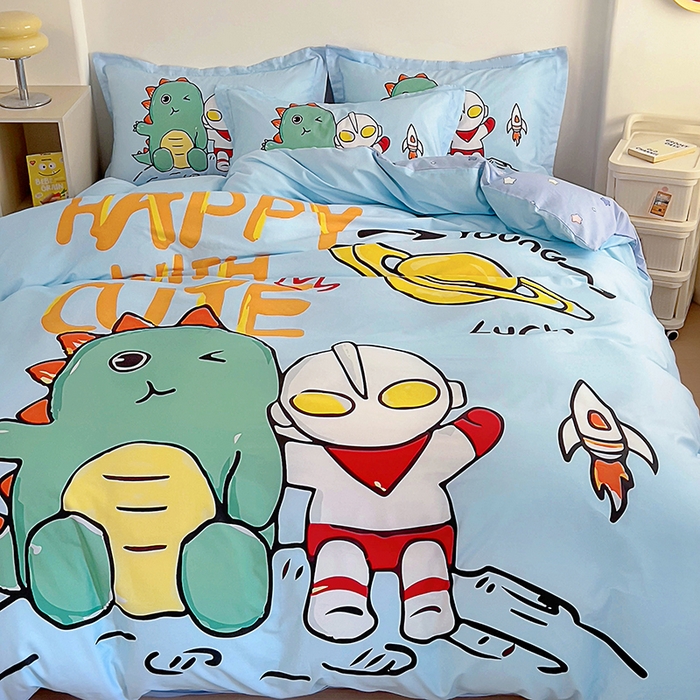 91家纺网 家纺一手货源 找家纺 浩诚 2025新款全棉大版卡通太空人宇航员小恐龙小汽车系列纯棉四件套-提供买家秀 恐龙小伙伴