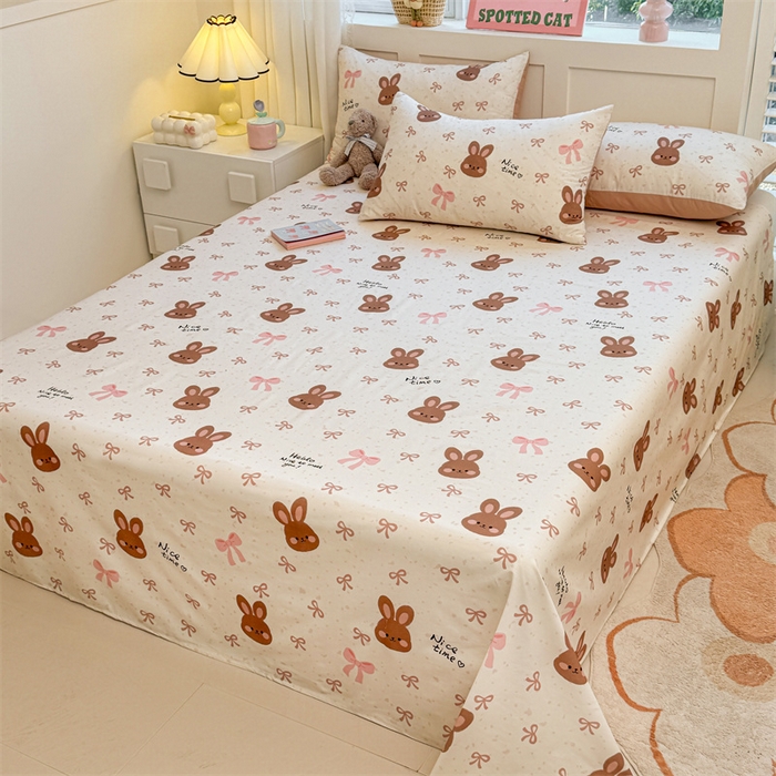 91家纺网 家纺一手货源 找家纺 雯豆2025春夏新款全棉床单三件套纯棉床罩小清新印花床单 全棉床单-精灵兔