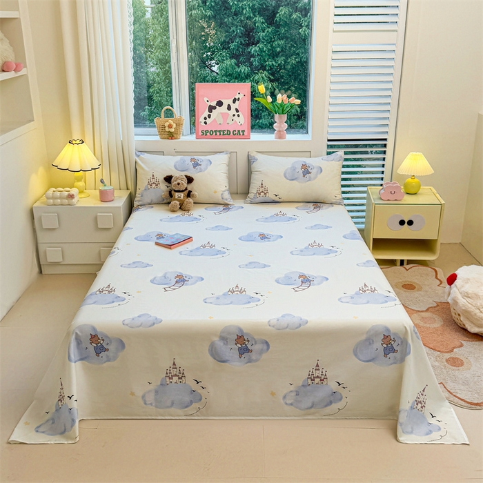 91家纺网 家纺一手货源 找家纺 雯豆2025春夏新款全棉床单三件套纯棉床罩小清新印花床单 全棉床单-熊熊城堡