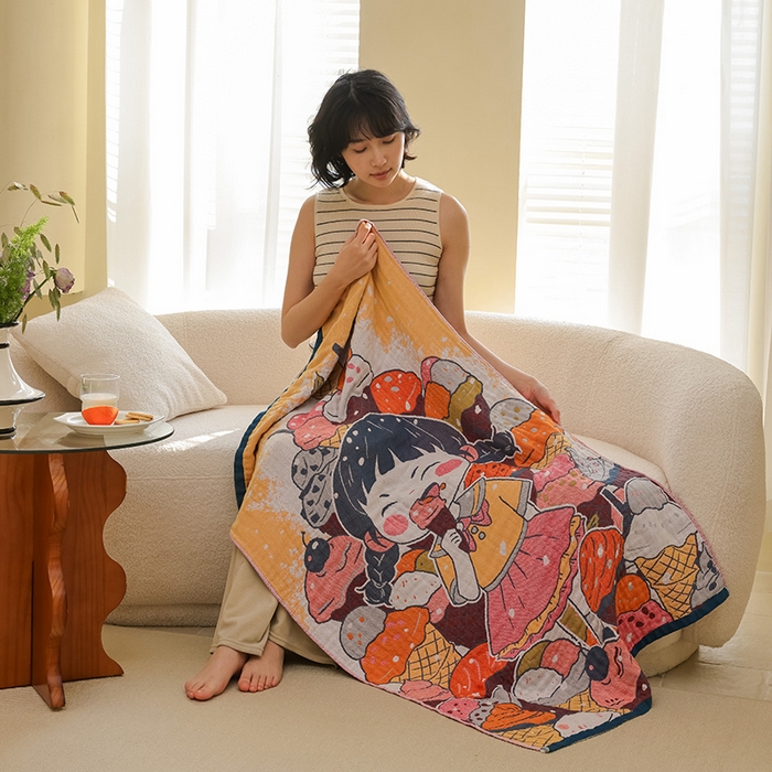 91家纺网 家纺一手货源 找家纺 雯雨家纺 2025新款亲肤可爱全棉A类纱布浴巾 冰淇淋女孩