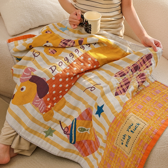 91家纺网 家纺一手货源 找家纺 雯雨家纺 2025新款亲肤可爱全棉A类纱布浴巾 蝴蝶结小狗