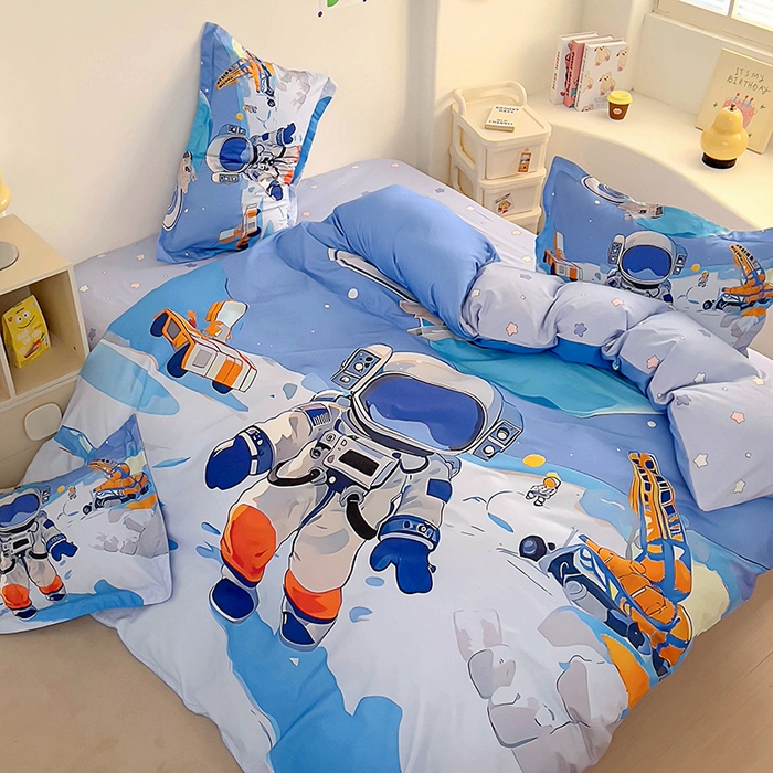 91家纺网 家纺一手货源 找家纺 浩诚 2025新款全棉大版卡通太空人宇航员小恐龙小汽车系列纯棉四件套-提供买家秀 星际工程