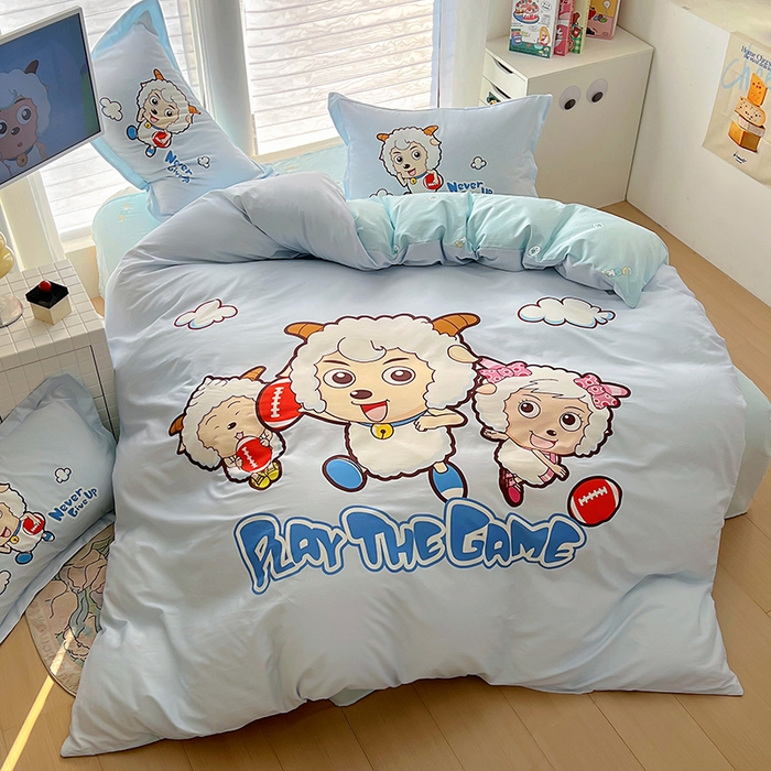 91家纺网 家纺一手货源 找家纺 浩诚 2025新款正版喜羊羊灰太狼全棉卡通大版印花四件套（全）-提供买家秀 亲亲伙伴