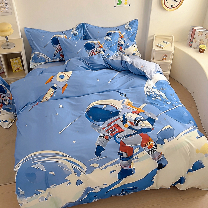 91家纺网 家纺一手货源 找家纺 浩诚 2025新款全棉大版卡通太空人宇航员小恐龙小汽车系列纯棉四件套-提供买家秀 独行月球