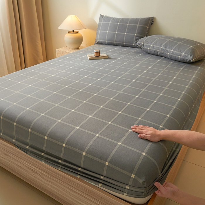 91家纺网 家纺一手货源 找家纺 涵宸家纺 2025新款全棉印花良品系列床笠 床笠-麦田-灰