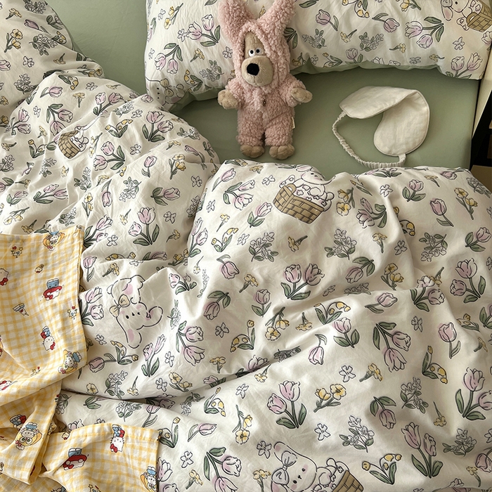 91家纺网 家纺一手货源 找家纺 原素 2025软绵绵的双拼印花水洗棉四件套 单纯萌兔