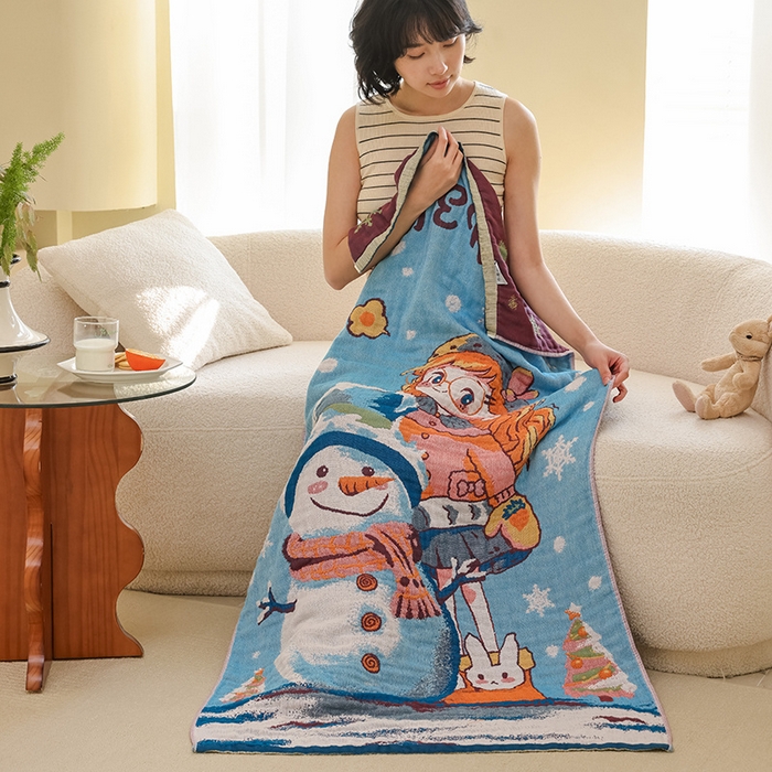 91家纺网 家纺一手货源 找家纺 雯雨家纺 2025新款亲肤可爱全棉A类纱布浴巾 雪地女孩