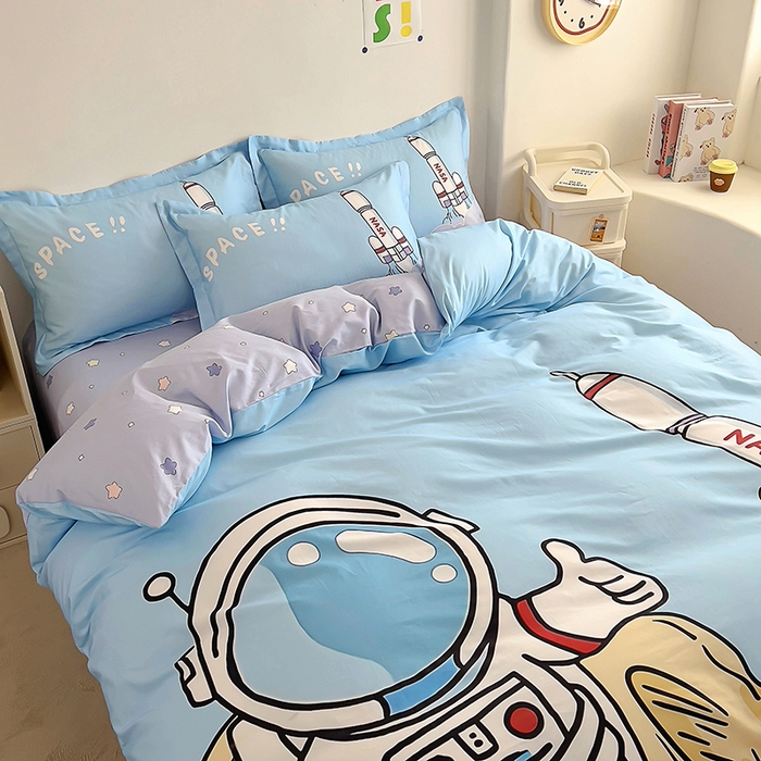 91家纺网 家纺一手货源 找家纺 浩诚 2025新款全棉大版卡通太空人宇航员小恐龙小汽车系列纯棉四件套-提供买家秀 神州之行
