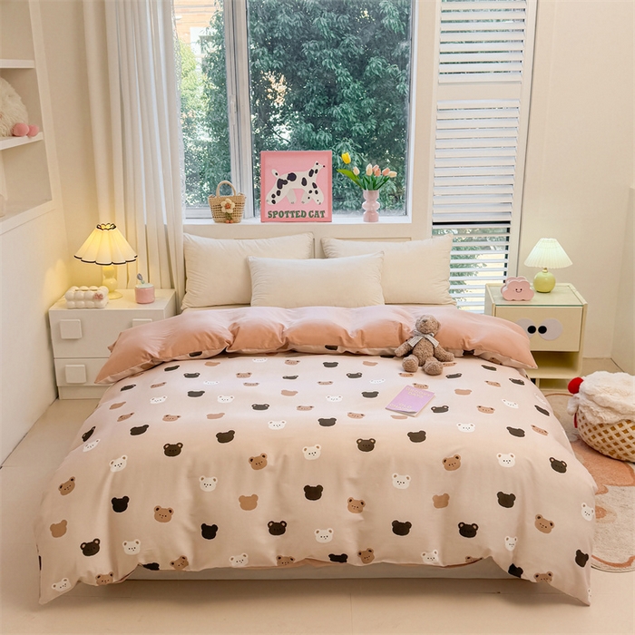 91家纺网 家纺一手货源 找家纺 雯豆2025春夏新款全棉纯棉被套三件套学生成人被罩 全棉被套-饼干熊