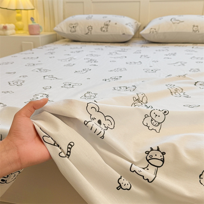 91家纺网 家纺一手货源 找家纺 雯豆2025春夏新款全棉床单三件套纯棉床罩小清新印花床单 全棉床单-动物城