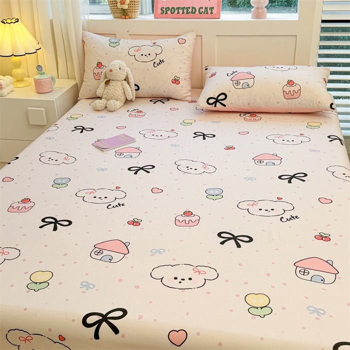 91家纺网 家纺一手货源 找家纺 雯豆2025春夏新款全棉床单三件套纯棉床罩小清新印花床单 全棉床单-奶油蝴蝶结