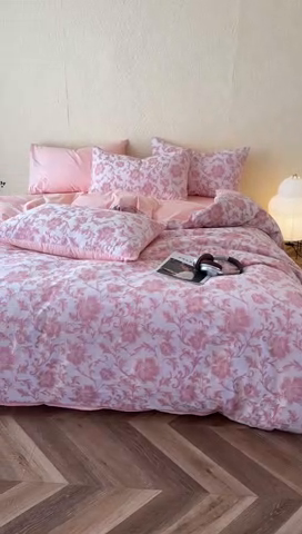 91家纺网 家纺一手货源 找家纺 琪格格2025款纯棉三层纱提花四件套（提供大量买家秀）三层纱 胧月-粉