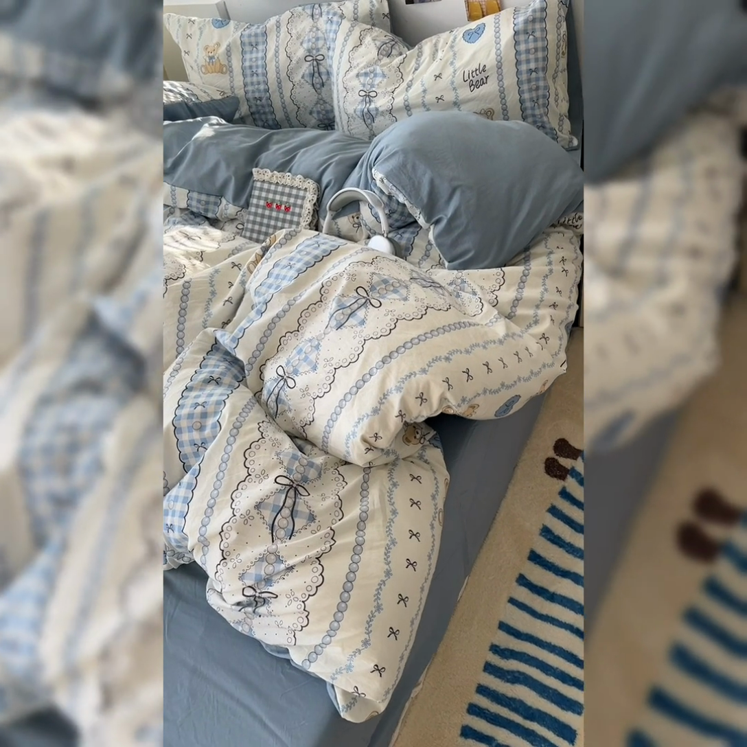 91家纺网 家纺一手货源 找家纺 原素 2025软绵绵的双拼印花水洗棉四件套 蝴蝶结小熊