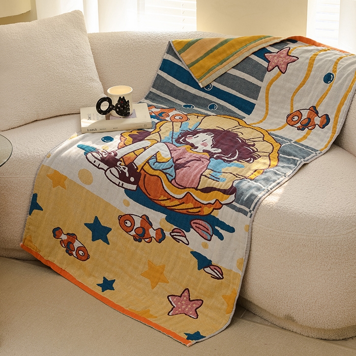 91家纺网 家纺一手货源 找家纺 雯雨家纺 2025新款亲肤可爱全棉A类纱布浴巾 海域