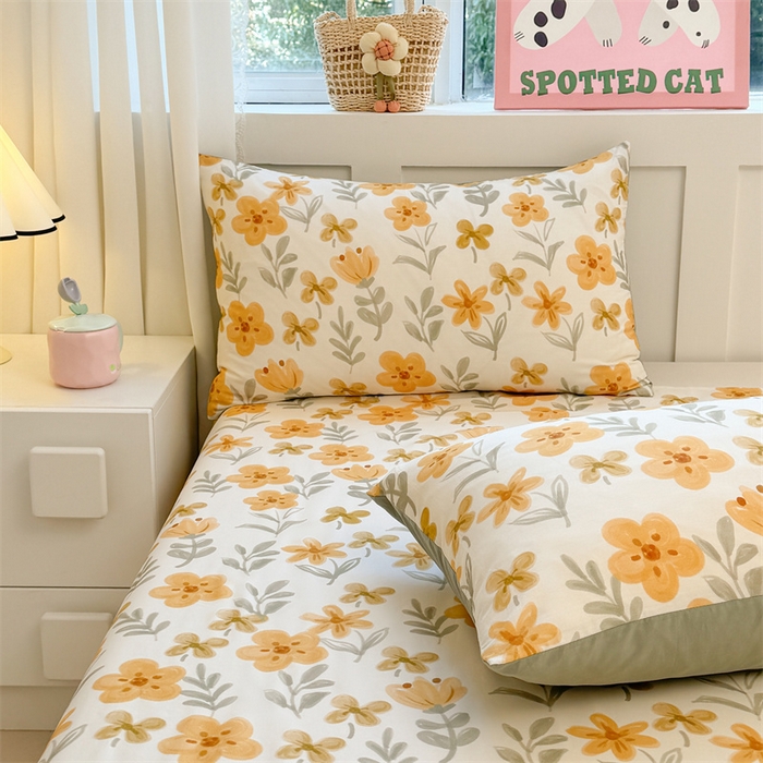 91家纺网 家纺一手货源 找家纺 雯豆2025春夏新款全棉床单三件套纯棉床罩小清新印花床单 全棉床单-暖阳