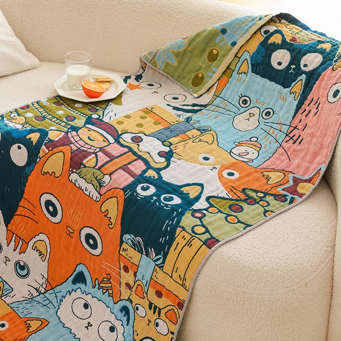 91家纺网 家纺一手货源 找家纺 雯雨家纺 2025新款亲肤可爱全棉A类纱布浴巾 排排猫