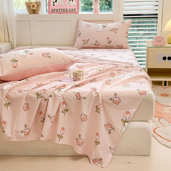 91家纺网 家纺一手货源 找家纺 雯豆2025春夏新款全棉床单三件套纯棉床罩小清新印花床单 全棉床单-甜心派