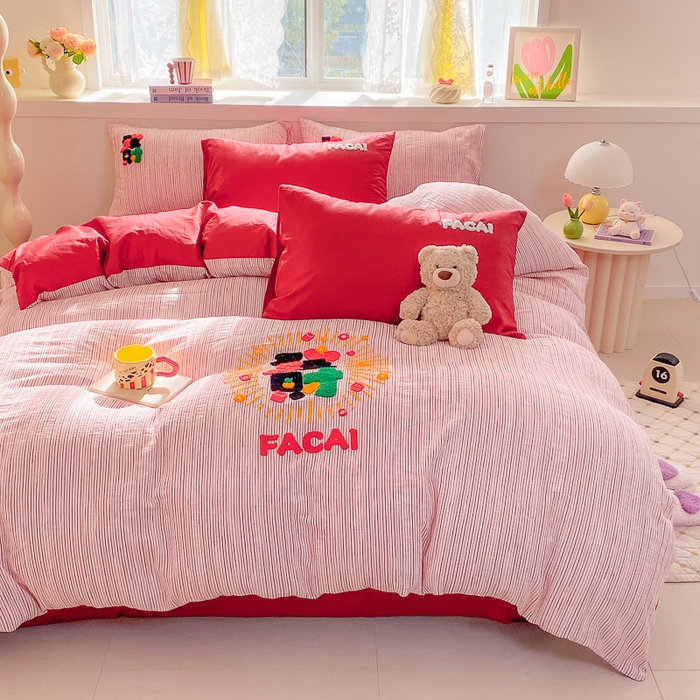 91家纺网 家纺一手货源 找家纺 （总）千朵 2025新款全棉提花毛巾绣贺岁款四件套-提花发财