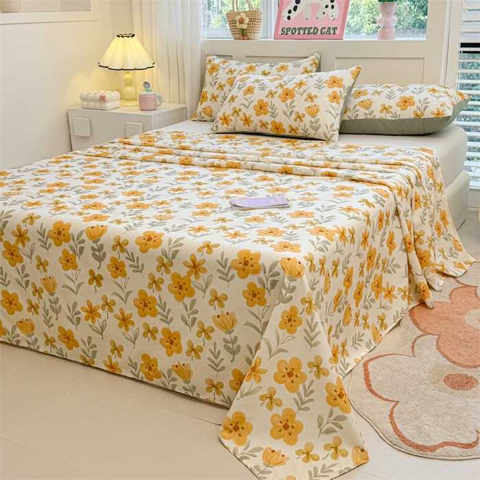 91家纺网 家纺一手货源 找家纺 雯豆2025春夏新款全棉床单三件套纯棉床罩小清新印花床单 全棉床单-暖阳