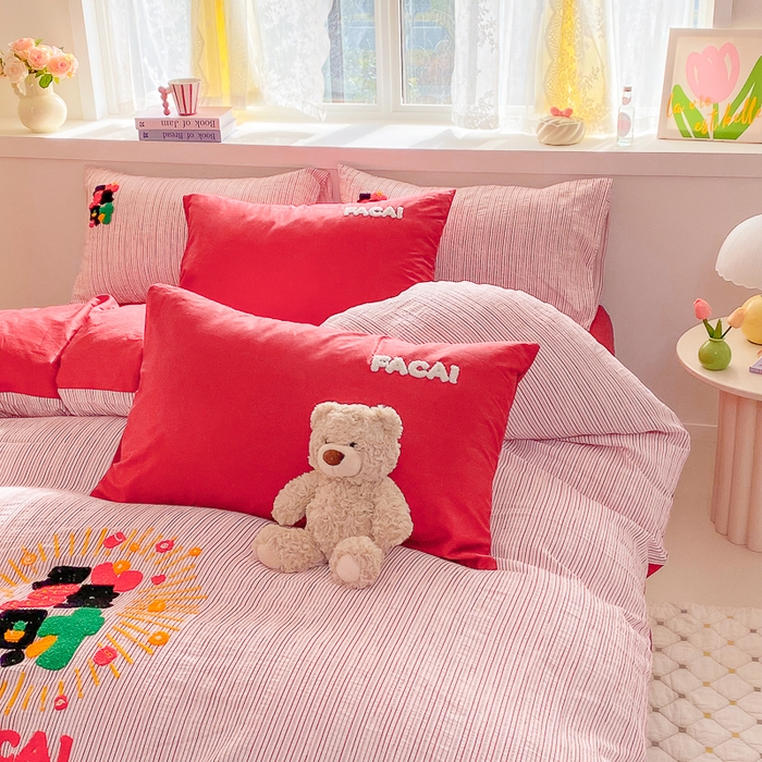 91家纺网 家纺一手货源 找家纺 （总）千朵 2025新款全棉提花毛巾绣贺岁款四件套-提花发财