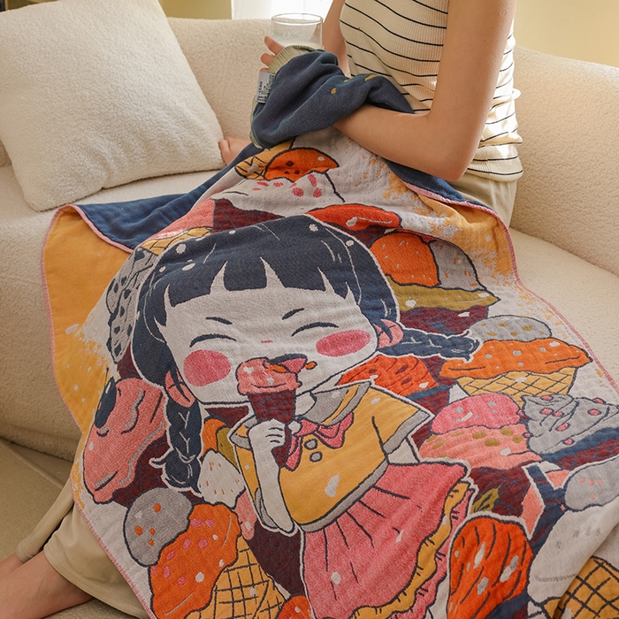 91家纺网 家纺一手货源 找家纺 雯雨家纺 2025新款亲肤可爱全棉A类纱布浴巾 冰淇淋女孩