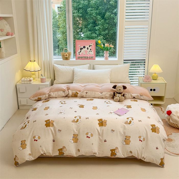 91家纺网 家纺一手货源 找家纺 雯豆2025春夏新款全棉纯棉被套三件套学生成人被罩 全棉被套-小熊伙伴