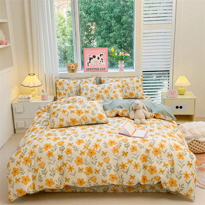 91家纺网 家纺一手货源 找家纺 雯豆2025春夏新款全棉纯棉被套三件套学生成人被罩 全棉被套-暖阳