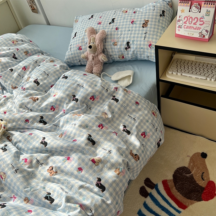 91家纺网 家纺一手货源 找家纺 原素 2025软绵绵的双拼印花水洗棉四件套 格子小腊肠