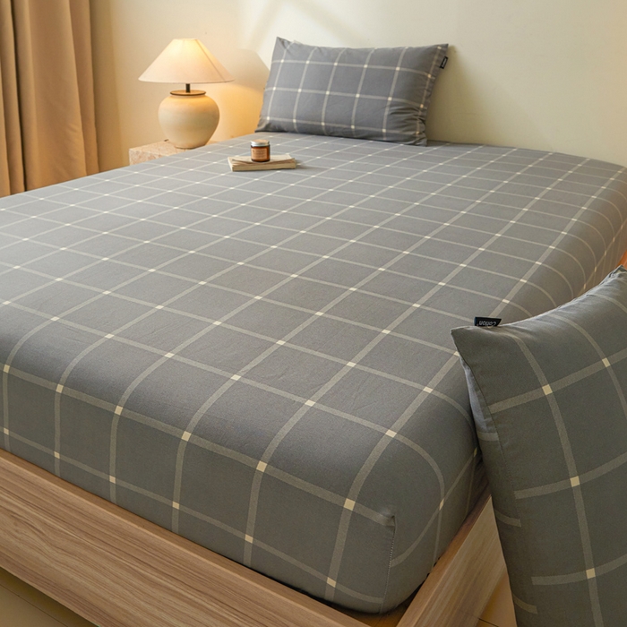 91家纺网 家纺一手货源 找家纺 涵宸家纺 2025新款全棉印花良品系列床笠 床笠-麦田-灰