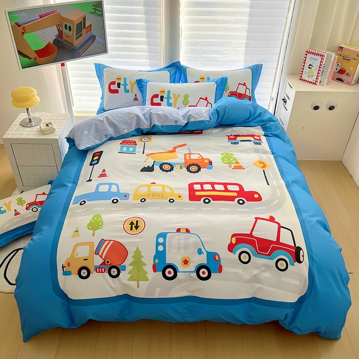 91家纺网 家纺一手货源 找家纺 浩诚 2025新款全棉大版卡通太空人宇航员小恐龙小汽车系列纯棉四件套-提供买家秀 汽车派对