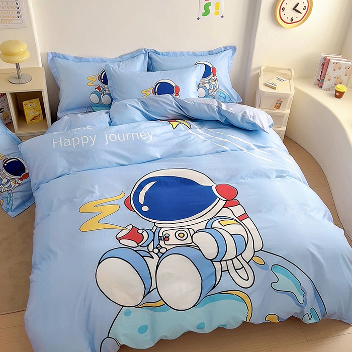 91家纺网 家纺一手货源 找家纺 浩诚 2025新款全棉大版卡通太空人宇航员小恐龙小汽车系列纯棉四件套-提供买家秀 奇妙之旅