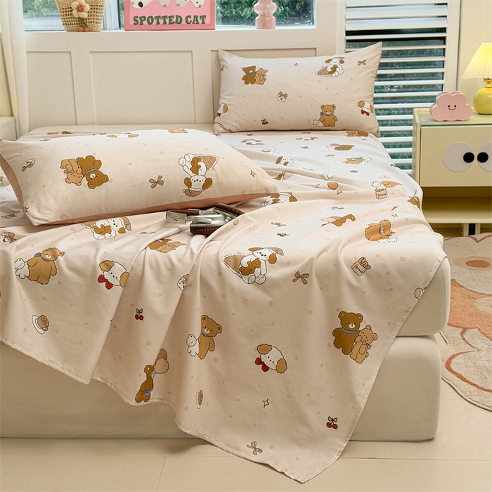 91家纺网 家纺一手货源 找家纺 雯豆2025春夏新款全棉床单三件套纯棉床罩小清新印花床单 全棉床单-小熊伙伴