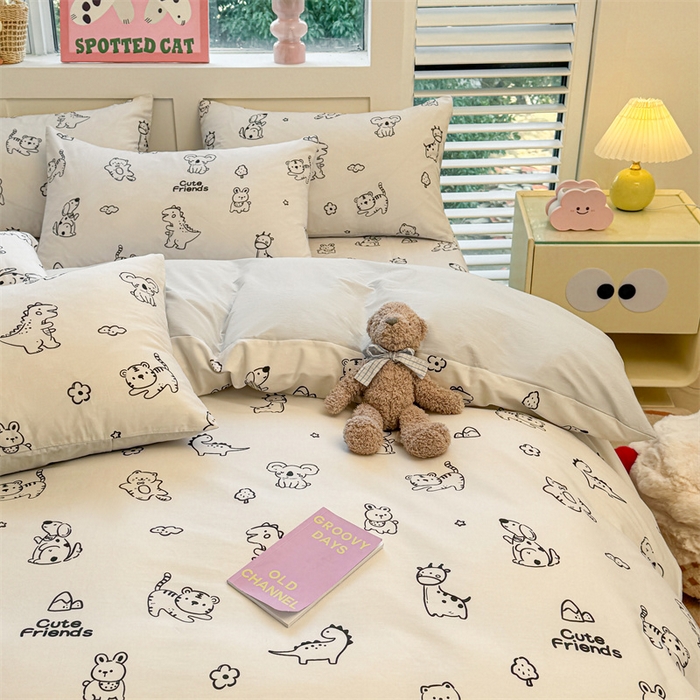 91家纺网 家纺一手货源 找家纺 雯豆2025春夏新款全棉纯棉被套三件套学生成人被罩 全棉被套-动物城