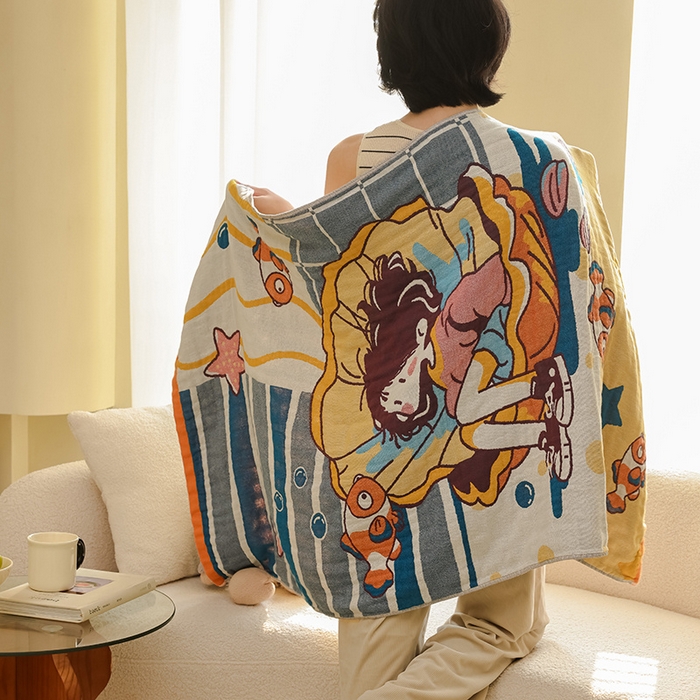 91家纺网 家纺一手货源 找家纺 雯雨家纺 2025新款亲肤可爱全棉A类纱布浴巾 海域