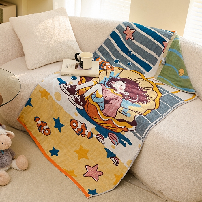 91家纺网 家纺一手货源 找家纺 雯雨家纺 2025新款亲肤可爱全棉A类纱布浴巾 海域