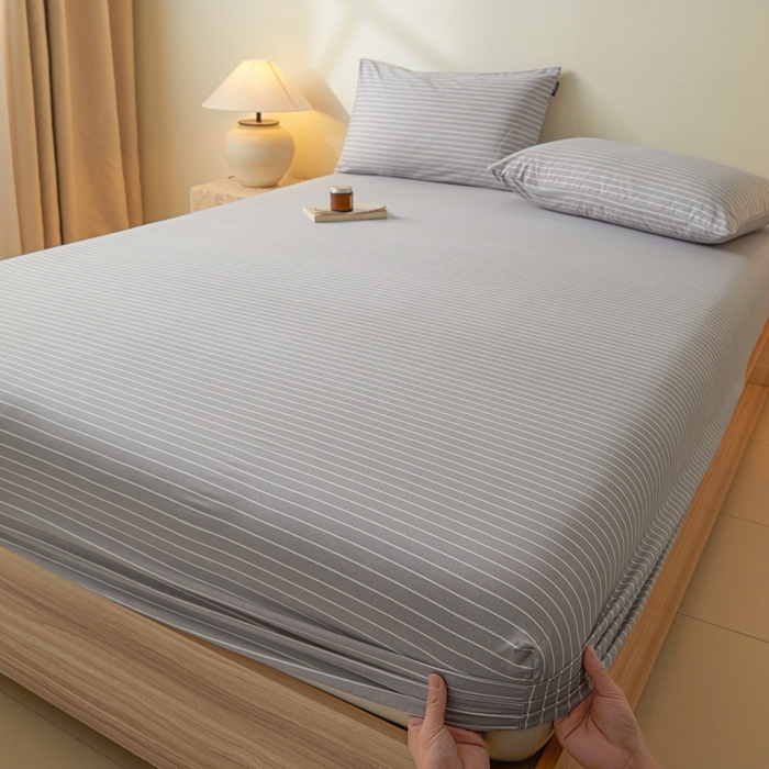 91家纺网 家纺一手货源 找家纺 涵宸家纺 2025新款全棉印花良品系列床笠 床笠-英伦-浅灰