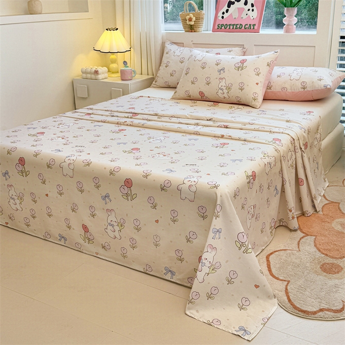 91家纺网 家纺一手货源 找家纺 雯豆2025春夏新款全棉床单三件套纯棉床罩小清新印花床单 全棉床单-小兔乖乖