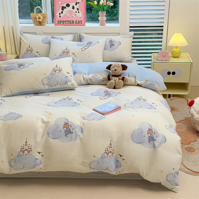 91家纺网 家纺一手货源 找家纺 雯豆2025春夏新款全棉纯棉被套三件套学生成人被罩 全棉被套-熊熊城堡