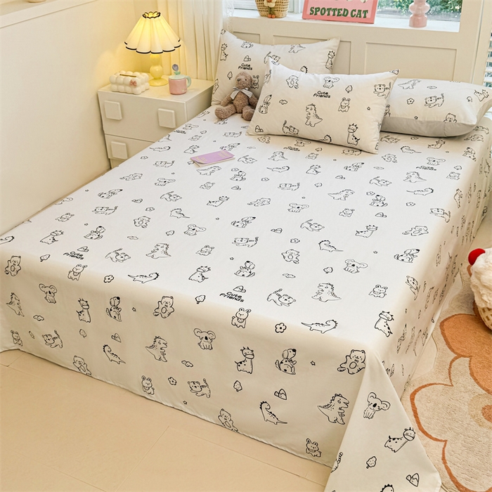 91家纺网 家纺一手货源 找家纺 雯豆2025春夏新款全棉床单三件套纯棉床罩小清新印花床单 全棉床单-动物城