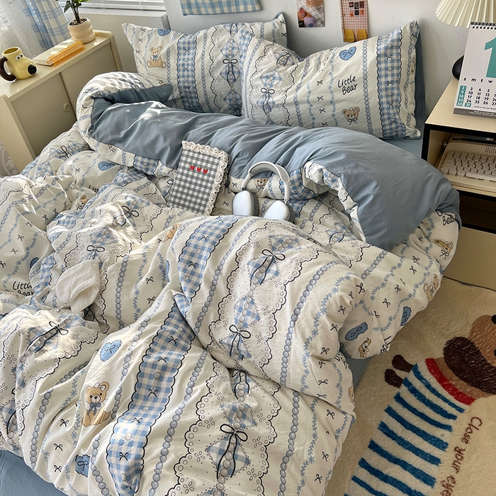 91家纺网 家纺一手货源 找家纺 原素 2025软绵绵的双拼印花水洗棉四件套 蝴蝶结小熊