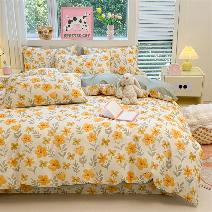 91家纺网 家纺一手货源 找家纺 雯豆2025春夏新款全棉纯棉被套三件套学生成人被罩 全棉被套-暖阳