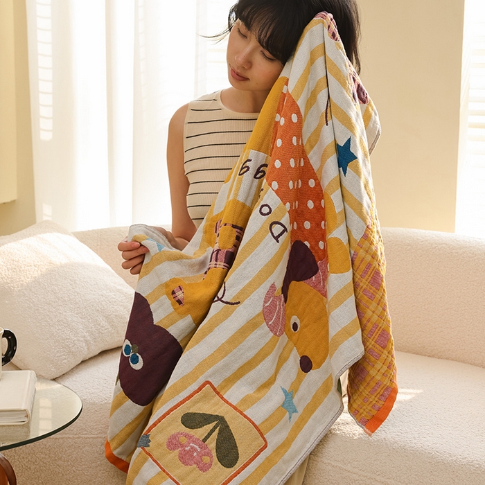 91家纺网 家纺一手货源 找家纺 雯雨家纺 2025新款亲肤可爱全棉A类纱布浴巾 蝴蝶结小狗