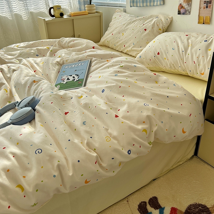 91家纺网 家纺一手货源 找家纺 原素 2025软绵绵的双拼印花水洗棉四件套 星星月亮