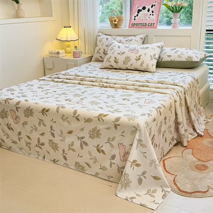 雯豆2025春夏新款全棉床单三件套纯棉床罩小清新印花床单 全棉床单-丛林兔