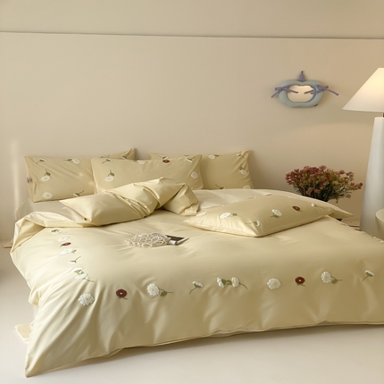 91家纺网 家纺一手货源 找家纺 初拾 2025新款100s澳棉毛巾绣四件套-—雏菊 雏菊-奶油黄