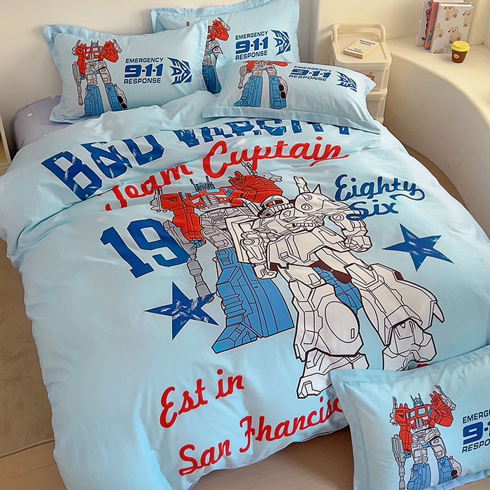 91家纺网 家纺一手货源 找家纺 浩诚 2025新款全棉大版卡通太空人宇航员小恐龙小汽车系列纯棉四件套-提供买家秀 机甲战士